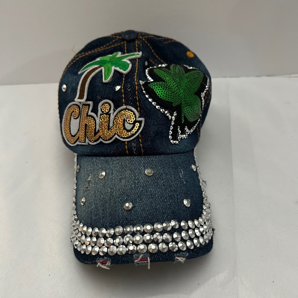 Denim Chic Baseball Cap Rhinestone Palm Tree Sequin Novelty Hat- see‎ pics